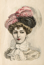 Woman Wearing Vintage Dress And Hat Fashion Engraving Paris