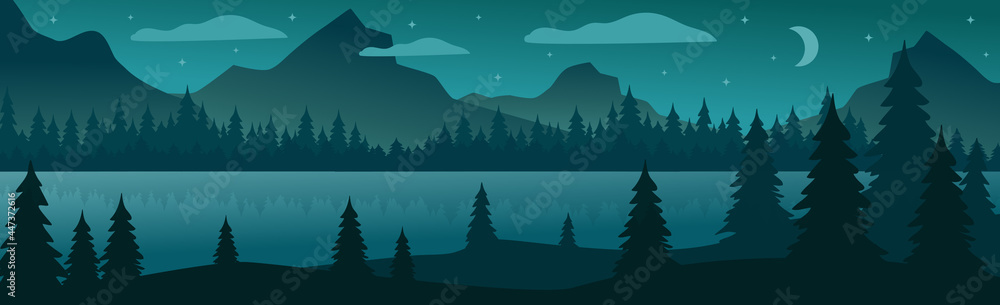 Panoramic mountain evening landscape on the background of a dense forest - Vector - obrazy, fototapety, plakaty 