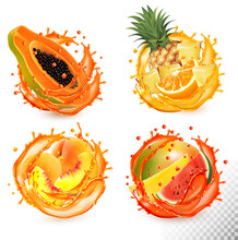 Set Of Fruit Juice Splash. Papaya, Pineapple, Orange, Watermelon, Peach, Mango. Vector