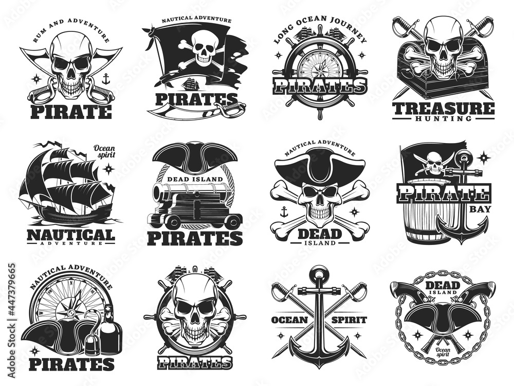 Pirate and treasure hunting icons of skull island and sea ships, vector. Pirate treasures adventure signs of Merry Roger flag with skull crossbones, treasures chest and ship helm with nautical compass - obrazy, fototapety, plakaty 