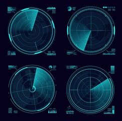 Poster - HUD military radar or sonar blue neon display. Army radar interface, satellite navigation technology vector screens or military weapon system, modern radar scanning territory, searching for targets