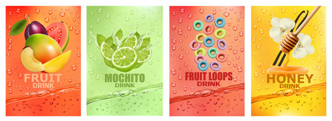 Set of labels with fruit and berry  drink. Fresh fruits juice splashing together- cherry, vanilla, raspberry, blackberry, apricot juice drink splashing. 3d fresh fruits. Vector illustration