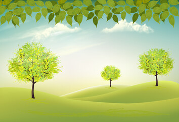 Poster - Summer nature background with a green trees and landscaper. Vector