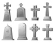 © Vector Tradition - Cartoon stone grave crosses and gravestones, vector cemetery cracked graveyard tombstones. Ancient mausoleum tomb with skull, funereal architecture design elements set isolated on white background