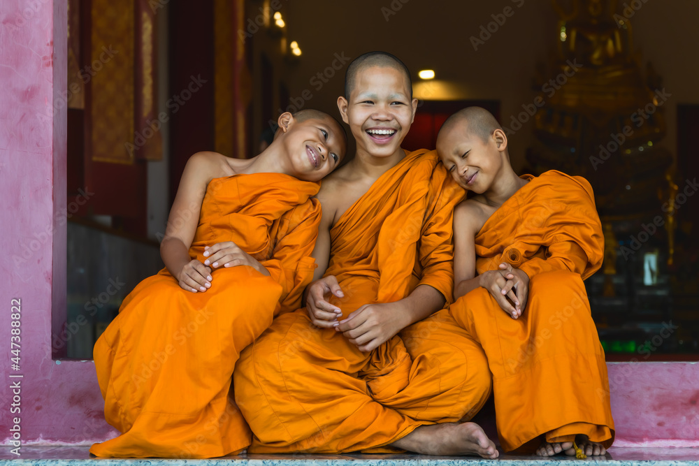 buddhist novice monks smiling and sitting together at temple gate - obrazy, fototapety, plakaty 