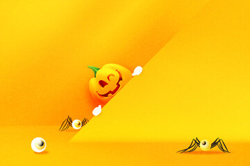 Aufkleber - Halloween abstract background template design with yellow product display. 3d Paper art abstract minimal geometric shape background.