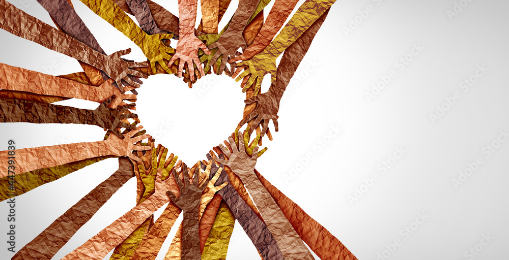 Diverse hands heart and united diversity or unity partnership in a group of multicultural people connected together shaped as a support symbol expressing the feeling of teamwork and togetherness - obrazy, fototapety, plakaty 
