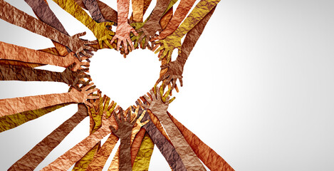 Wall Mural - Diverse hands heart and united diversity or unity partnership in a group of multicultural people connected together shaped as a support symbol expressing the feeling of teamwork and togetherness