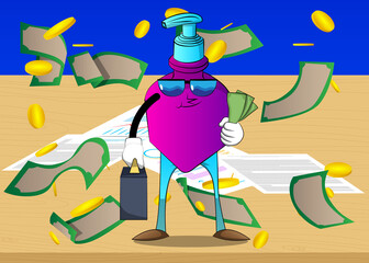 Wall Mural - Cartoon bottle of hand sanitizer gel for hygiene with face as boss with suitcase or bag holding or showing money bills.