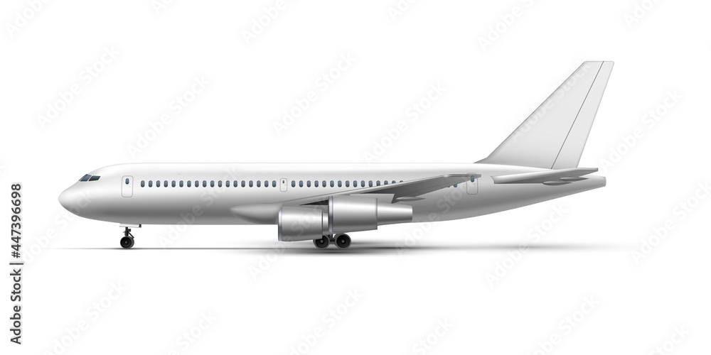 Realistic standing airplane, jet aircraft or airliner side view. Detailed passenger air plane. - obrazy, fototapety, plakaty 