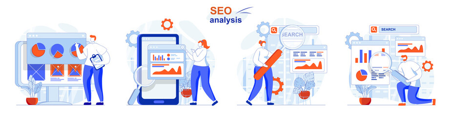 Seo analysis concept set. Analysis of search query data, business statistics. People isolated scenes in flat design. Vector illustration for blogging, website, mobile app, promotional materials.