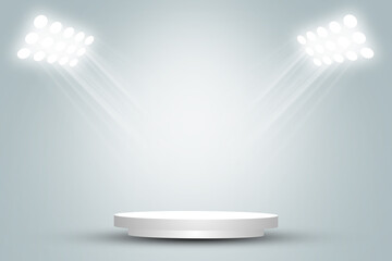 Wall Mural - empty space of round white podium or pedestal in studio room with spotlight in gray background.
