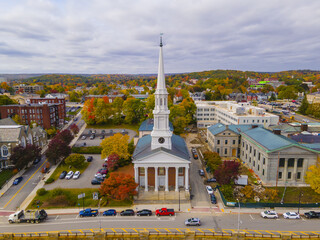 First Unitarian Church aerial view at 90 Main Street in historic downtown Worcester, Massachusetts MA, USA. 