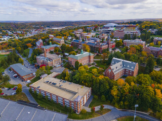 Wall Mural - College of the Holy Cross and landscape aerial view with fall foliage, City of Worcester, Massachusetts MA, USA. 