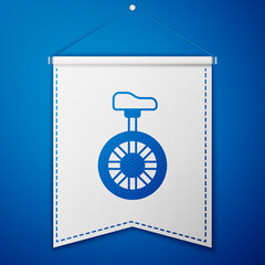 Poster - Blue Unicycle or one wheel bicycle icon isolated on blue background. Monowheel bicycle. White pennant template. Vector