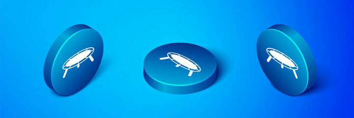 Canvas Print - Isometric Jumping trampoline icon isolated on blue background. Blue circle button. Vector