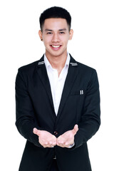 attractive cutout portrait of young healthy handsome man on white t-shirt and black suit standing with smile and confidently offer special good business on bare palm with happy