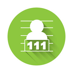 Poster - White Suspect criminal icon isolated with long shadow background. The criminal in prison, suspected near the board. Green circle button. Vector