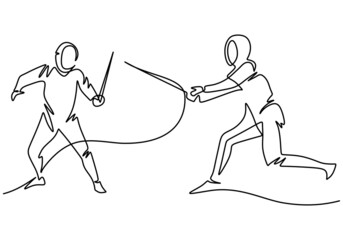 Continuous one line drawing of two man fencing athletes fight suit practicing with sword on professional sports arena, motion fast of speed practice by tournament. Vector illustration