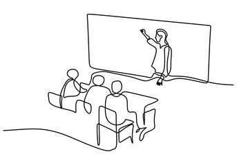 Continuous one line drawing of a teacher explaining student at classroom. The concept of back to school. Study education hand drawn line art minimalism design. Vector illustration