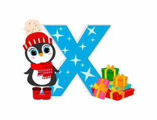 Wall Mural - Cute Cartoon christmas penguin with letter X. Perfect for greeting cards, party invitations, posters, stickers, pin, scrapbooking, icons.