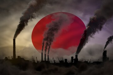 Wall Mural - Dark pollution, fight against climate change concept - industrial 3D illustration of plant pipes dense smoke on Japan flag background