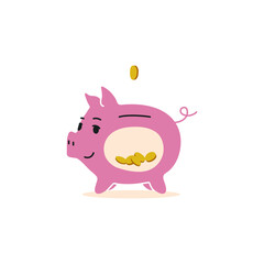 Cute pink piggy bank with coins inside. The concept of saving money. Isolated flat vector illustration on white background