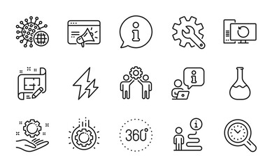 Science icons set. Included icon as 360 degrees, Seo marketing, Employees teamwork signs. Coronavirus, Electricity, Employee hand symbols. Time management, Customisation, Architect plan. Vector