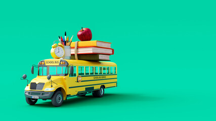 School bus arriving with school accessories and books on green background 3D Rendering, 3D Illustration