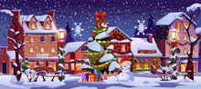 Christmas Landscape At Night, Street Decorations, Decorated Houses, Xmas Tree, Snowman And Lanterns, Snowflakes And Starry Dark Sky. Light In Houses With Chimneys, Snow On Bench, Gift Boxes, Shop