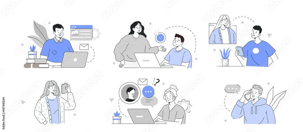 Business people working together. Characters meeting, having video call and communicating with colleagues and clients. Business activities concept. Flat cartoon vector illustration and icons set. - obrazy, fototapety, plakaty 