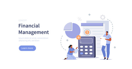 Characters manage finances. People count on calculator and calculating personal budget or financial income. Business and finance concept. Flat cartoon vector illustration and icons set.