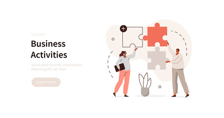 Business people working together and connecting separated puzzle pieces. Characters assembling jigsaw puzzle. Team work, team building and business solution concept. Flat cartoon vector illustration.
