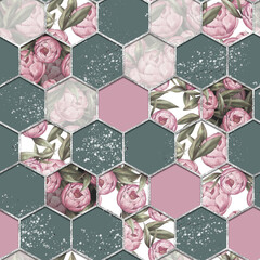 Hexagon seamless texture with pink peony flowers. Decorative pattern