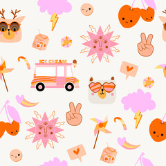 Baby seamless pattern with Retro 70's cartoon trendy elements. Vector hand drawn flat illustrations. Editable Vector.