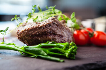 Estonian beef tenderloin steak. Delicious healthy traditional food closeup served for lunch in modern gourmet cuisine restaurant