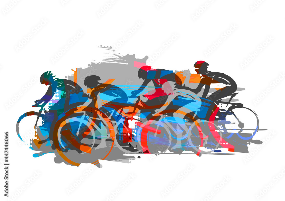 Cycling race, road cycling. 
Expressive Illustration of cyclists in full speed. Imitation of brush drawing.
 - obrazy, fototapety, plakaty 