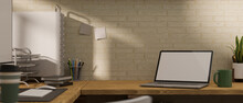 Modern Work Space With Laptop Empty Screen And Copy Space For Your Brands