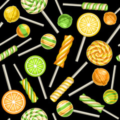 Wall Mural - Vector Lollipop Seamless Pattern, square repeating fruit lollipops background for kids textile, poster with cut out illustrations of various colorful fruity candies on sticks on black background.