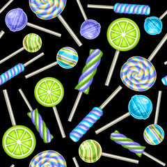 Wall Mural - Vector Lollipop Seamless Pattern, square repeating fruit lollipops background for kids textile, poster with cut out illustrations of different colorful swirly candies on sticks on black background.