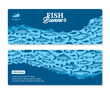 Fish horizontal banner or flyer concept with fish illustrations and silhouettes on a background for fisheries, fishing, fish markets, packaging or advertising