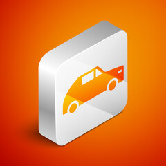 Sticker - Isometric Car icon isolated on orange background. Silver square button. Vector