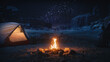 People Camping at Night in the Canyon, Preparing to Sleep in the Tent. Campfire Burning. Amazing Natural Landscape View with Marvelous Bright Milky Way Stars Shining on Mountains.