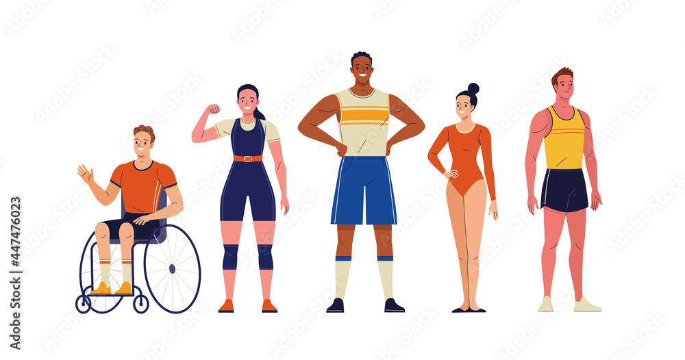 Group of athletes. Vector illustration of diverse cartoon men and women in athletic uniforms from different branches of sport: weightlifting and athletics, artistic gymnastics. Isolated on white - obrazy, fototapety, plakaty 