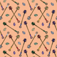 Wall Mural - Seamless pattern with hand drawn colorful crystals and magic wands on pink background. Gemstone repeat texture.