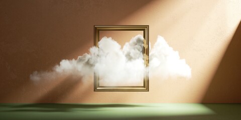 Wall Mural - 3d render. White fluffy cloud flies through the golden frame, isolated on peachy background. Modern minimal gallery concept