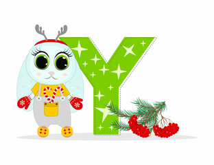 Wall Mural - Cute Cartoon christmas rabbit with letter Y with  pine twigs. Perfect for greeting cards, party invitations, posters, stickers, pin, scrapbooking, icons.