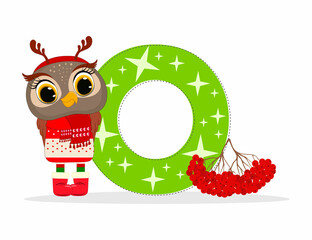 Wall Mural - Cute Cartoon christmas little owl with letter O with christmas holly berry. Perfect for greeting cards, party invitations, posters, stickers, pin, scrapbooking, icons.