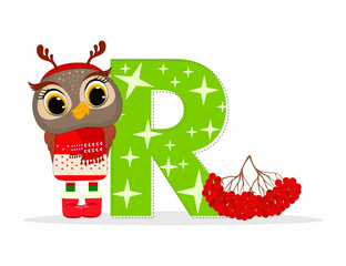 Wall Mural - Cute Cartoon christmas little owl with letter R with christmas holly berry. Perfect for greeting cards, party invitations, posters, stickers, pin, scrapbooking, icons.