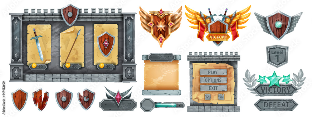 Stone medieval game kit, rock vector frame background, victory award ...